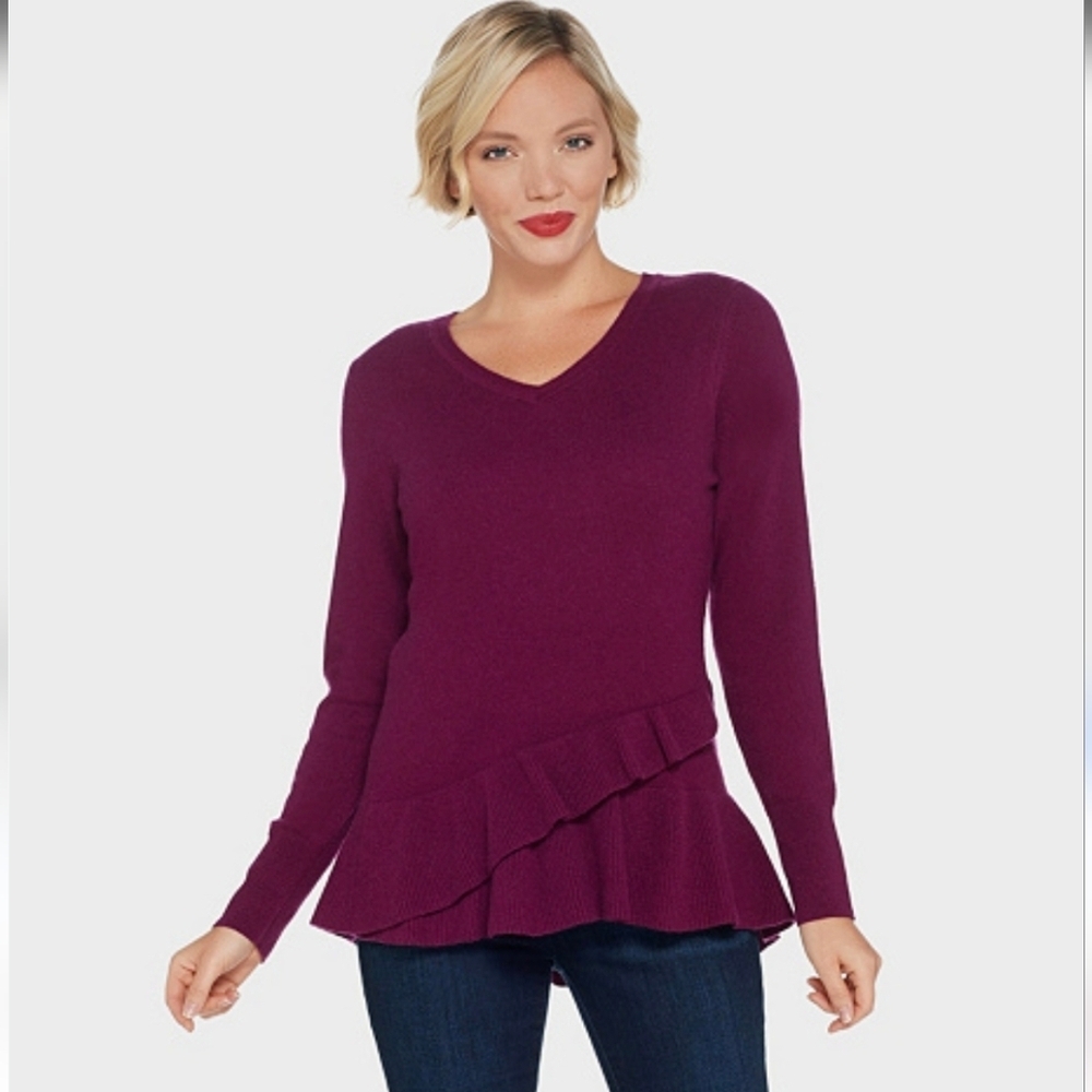 Isaac Mizrahi Live 100% Cashmere V-Neck Ruffle Peplum Sweater Vivid Plum S NWOT